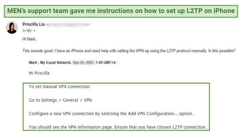 A screenshot from my email exchange with MEN's customer support where they gave me instructions on how to set up the L2TP protocol on iPhone