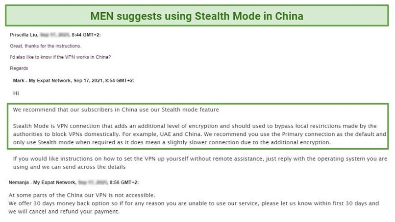 A screenshot of MEN’s response about using its services in China