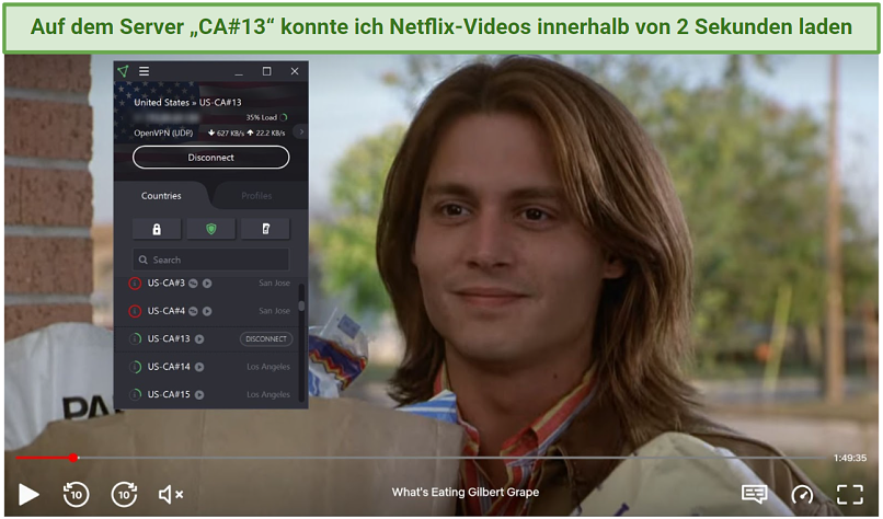 Screenshot of Netflix player streaming What's Eating Gilbert Grape while connected to Proton VPN