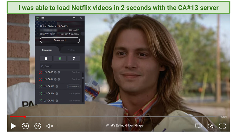 Screenshot of Netflix player streaming What's Eating Gilbert Grape while connected to ProtonVPN