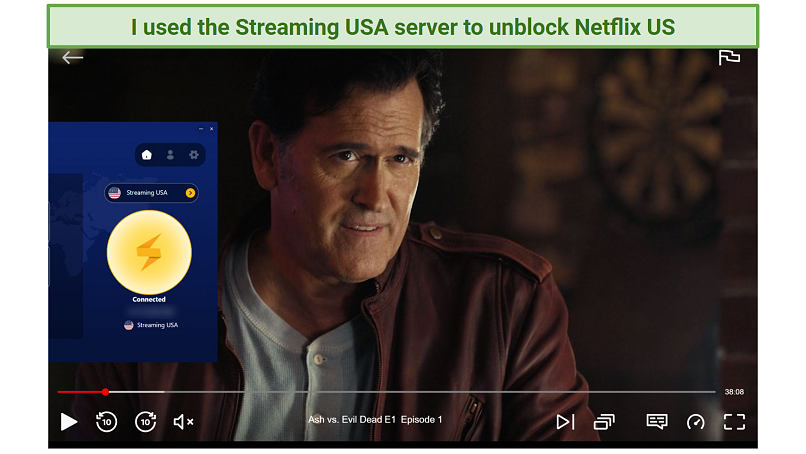 Screenshot of Netflix player streaming Ash vs. The Evil Dead while connected to FastestVPN