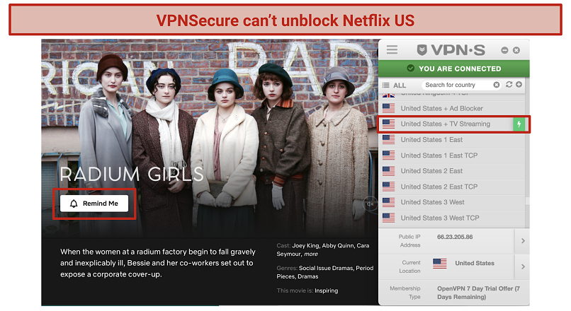 Screenshot of a Netflix US exclusive blocked screen while using VPNSecure's server in the US