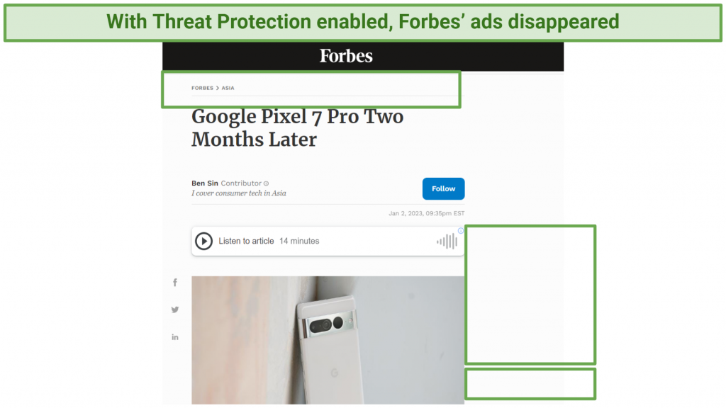 Forbes.com은 광고가 표시되지 않고 위협 보호를 활성화 한 후