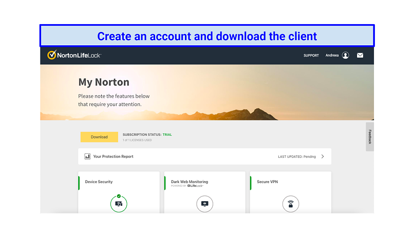 Графическая страница учетной записи Norton