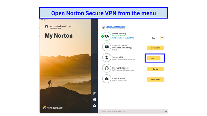 График показывает безопасное меню Norton