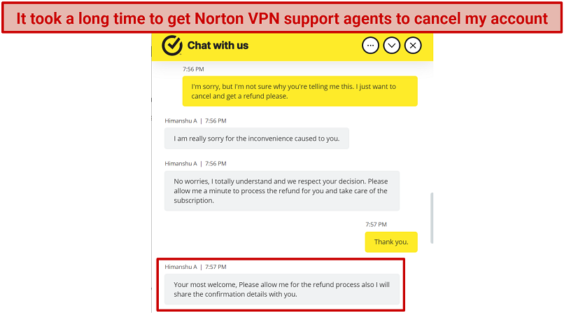 Screenshot of conversation with Norton support agents where my refund was approved