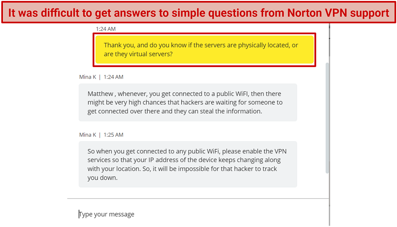 Screenshot of a conversation over live chat with Norton support where they couldn't tell me if servers are virtual