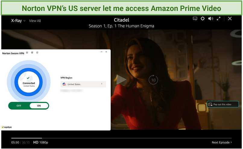Screenshot of Amazon Prime Video player streaming Citadel while connected to Norton VPN