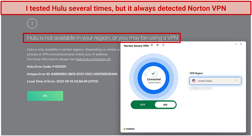 Screenshot of an error message on Hulu showing it detected Norton VPN