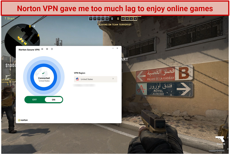 Screenshot of Steam running Counter-Strike: Global Offensive while connected to Norton VPN