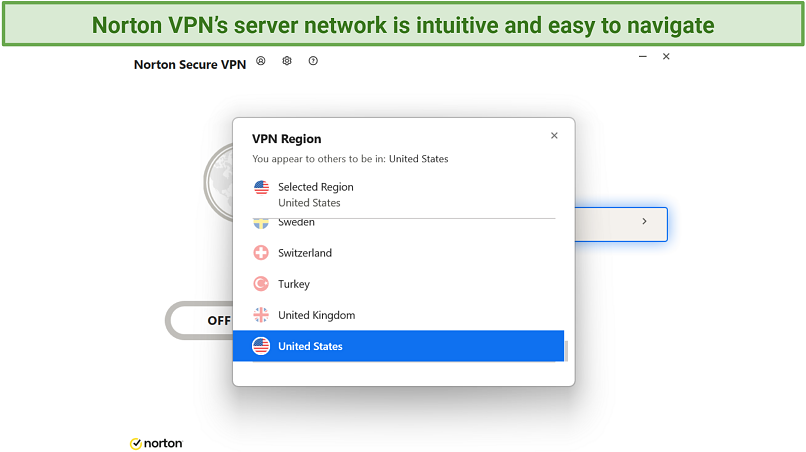 Screenshot of Norton VPN's Windows app displaying the list of servers