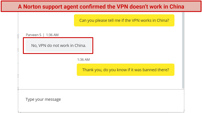 Screenshot of a live chat conversation with Norton support where they confirmed it doesn't work in China