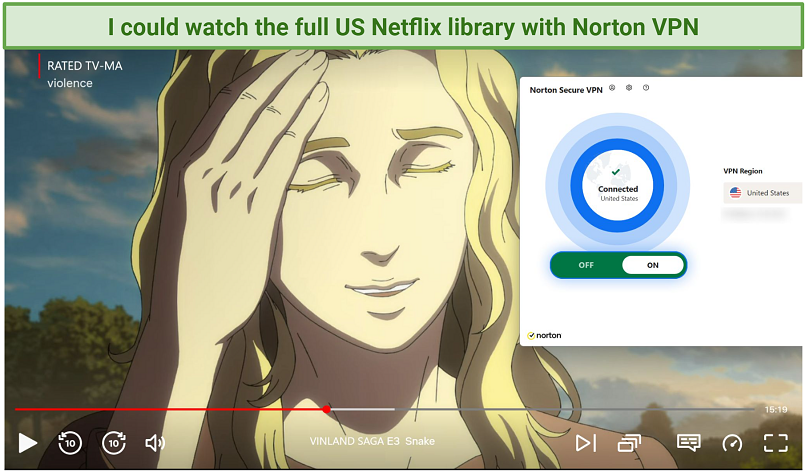 Screenshot of Netflix player streaming Vinland Saga while connected to Norton VPN