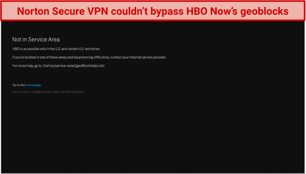 Screenshot showing Norton Secure VPN doesn't unblock HBO Now