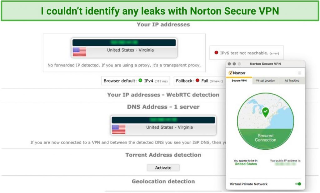 Screenshot showing Norton Secure VPN doesn't leak IP or DNS addresses