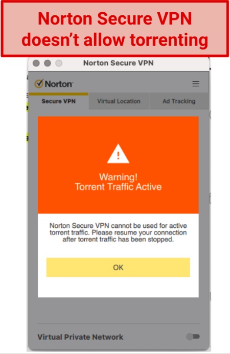 Screenshot showing Norton Secure VPN blocks torrenting activity