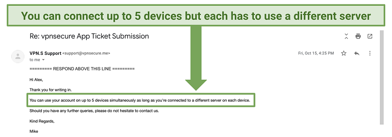 Screenshot of my email correspondence with VPNSecure's customer support regarding simultaneous device connections