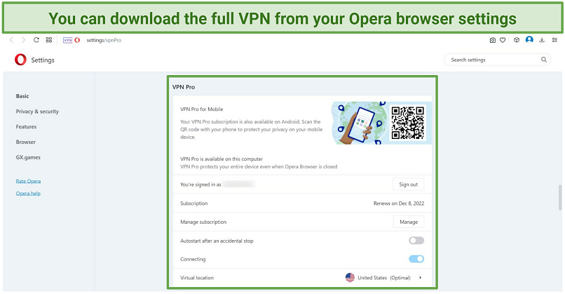 Screenshot of Opera browser settings highlighting where you can download Opera Pro