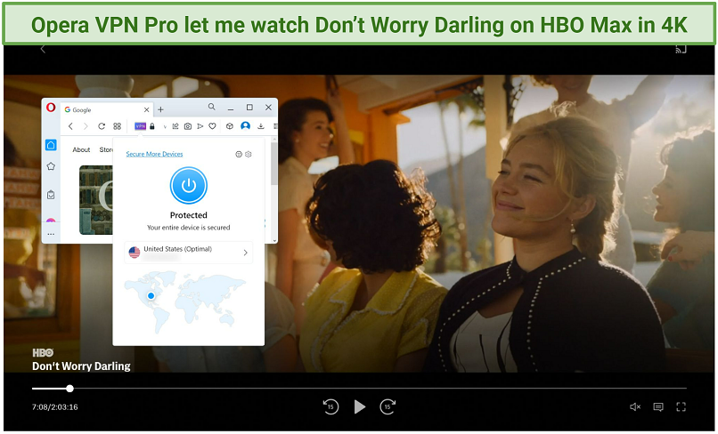 Screenshot of HBO Max player streaming Don't Worry Darling while connected to OperaVPN Pro