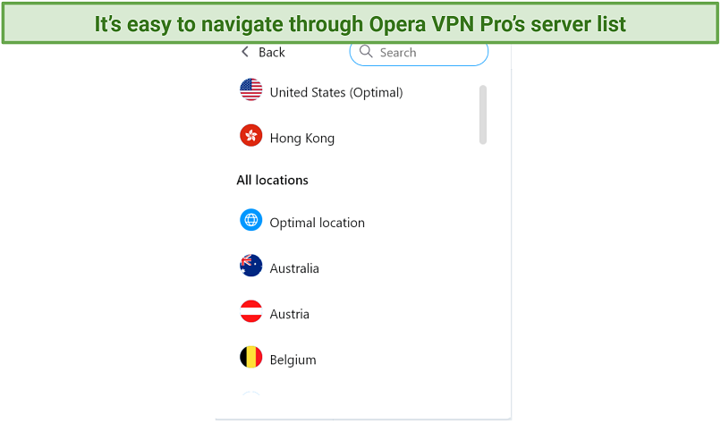 Screenshot of OperaVPN Pro's server list in the Opera browser on a Windows device