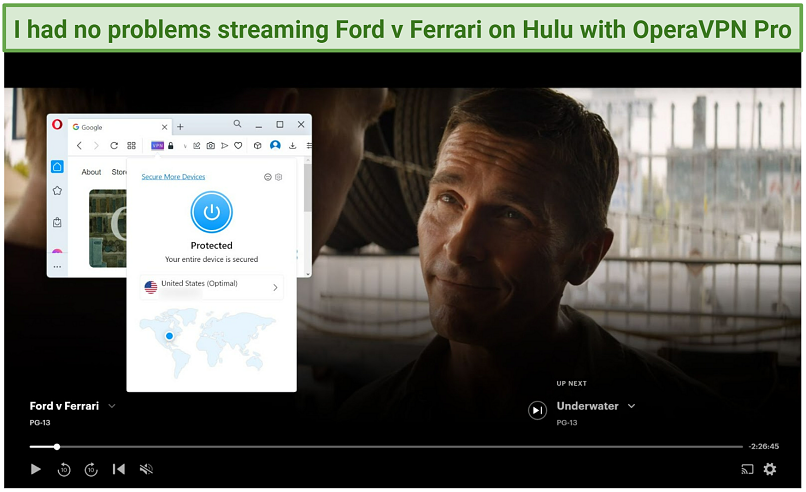 Screenshot of Hulu player streaming Ford v Ferrari while connected to OperaVPN Pro