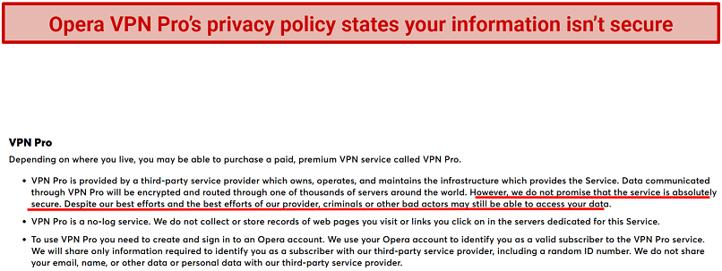 Screenshot of OperaVPN Pro's privacy policy