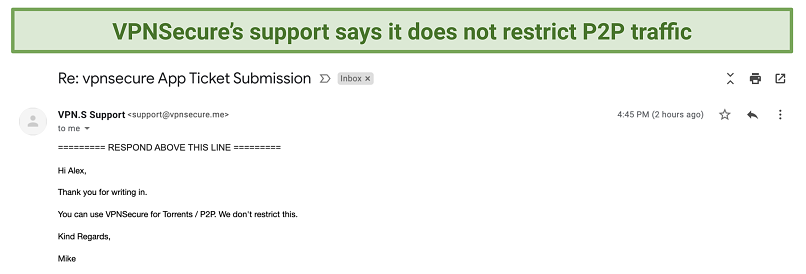 Screenshot of VPNSecure's support reply to my question about torrenting