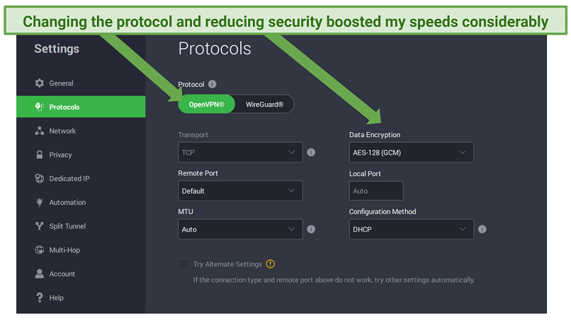 screenshot showing Private Internet Access' advanced security settings