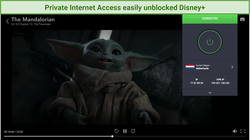 Screenshot of Disney Plus player and Private Internet Access UI