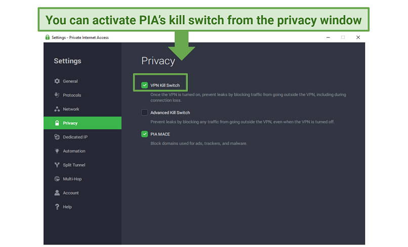 A screenshot of PIA showing how to activate the VPN kill switch.