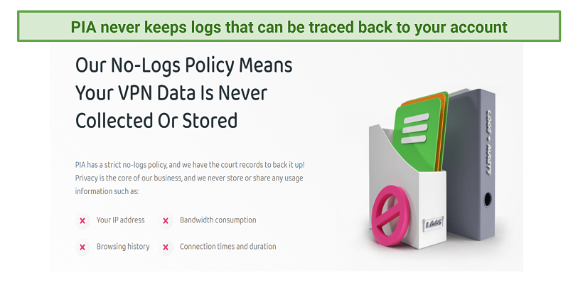 screenshot showing information about PIA's no logs policy