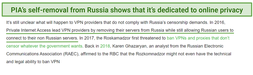 Screenshot of a blog from the Private Internet Access website about the Russian government's attempts to encroach on its citizens' online freedom