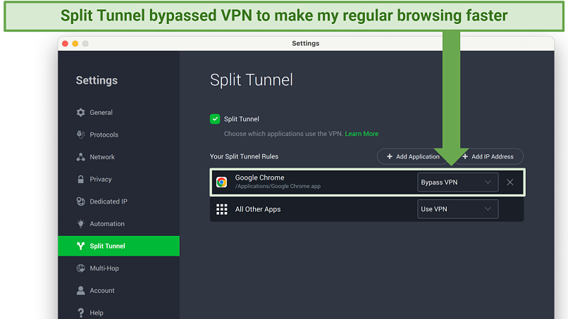Screenshot showing how to set up the split tunnel feature on the Private Internet Access app
