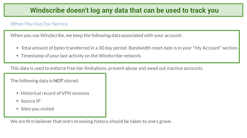 Screenshot of Windscribe's Privacy Policy highlighting where it states what it stores and what it does not
