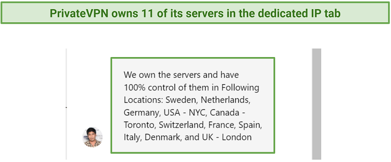 Screenshot of PrivateVPN live chat where they told me which servers it owns