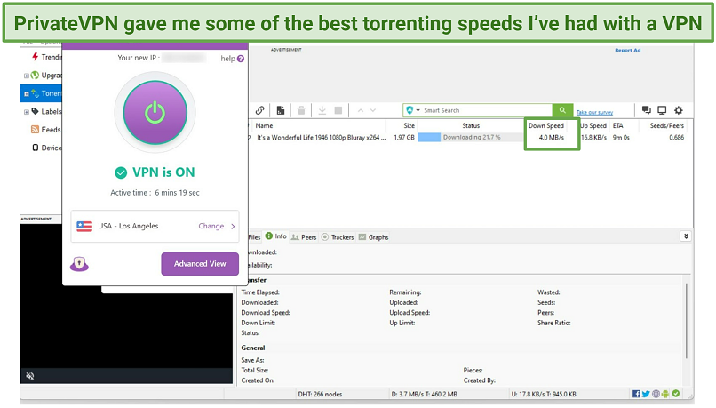 Screenshot of uTorrent downloading It's a Wonderful Life while connected to PrivateVPN