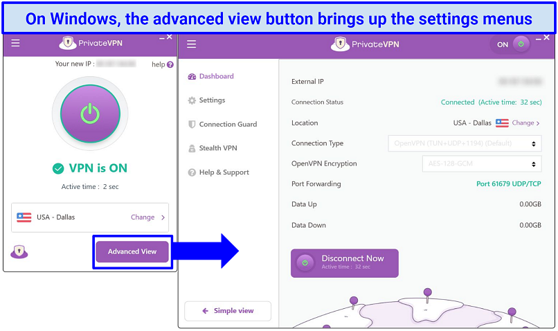 Captura de pantalla de la aplicación privatevpn Windows que resalta dónde encontrar la configuración