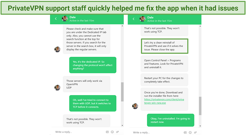 Screenshot of PrivateVPN live chat where the live agent told me to reinstall the app to fix dedicated IPs