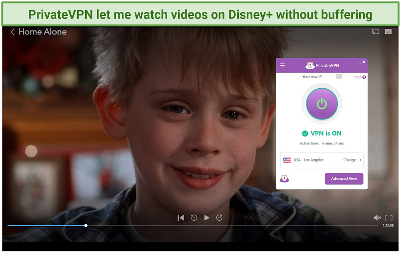 Screenshot of Disney+ player streaming Home Alone while connected to PrivateVPN