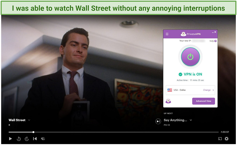 Captura de pantalla de Hulu Player transmitiendo Wall Street mientras está conectado a PrivateVPN