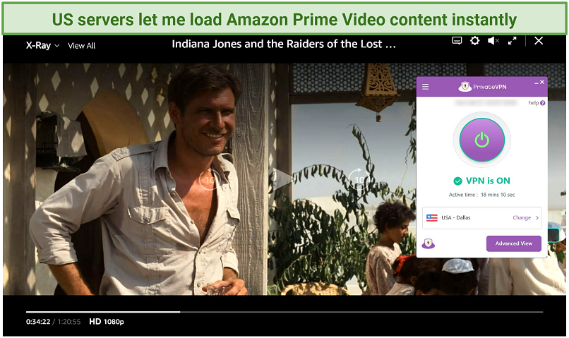 Screenshot of Amazon Prime Video player streaming Indiana Jones: Raiders of the Lost Ark while connected to PrivateVPN
