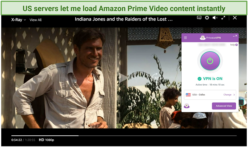 Captura de pantalla de Amazon Prime Video Player Streaming Indiana Jones: Raiders of the Lost Ark mientras está conectado a PrivateVPN