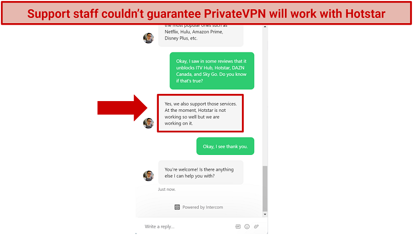 Screenshot of PrivateVPN live chat where they inform me Hotstar can't be unblocked