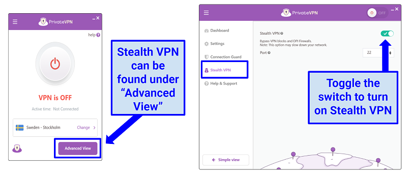 Screenshots showing PrivateVPN's Advanced View screen where the Stealth VPN feature can be turned on