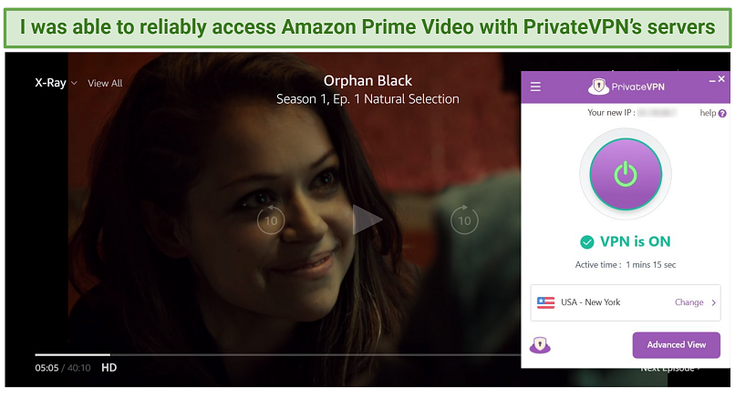 Screenshot of PrivateVPN successfully unblocking Amazon Prime Video