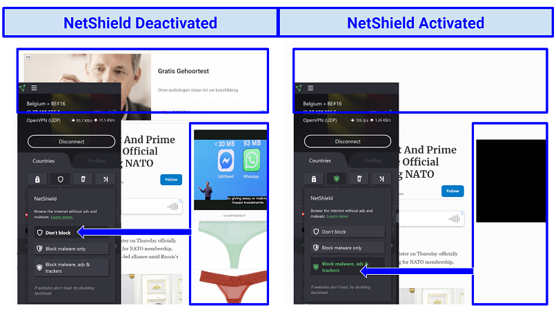 Screenshot showing Proton VPN's NetShield feature working to block on-page ads