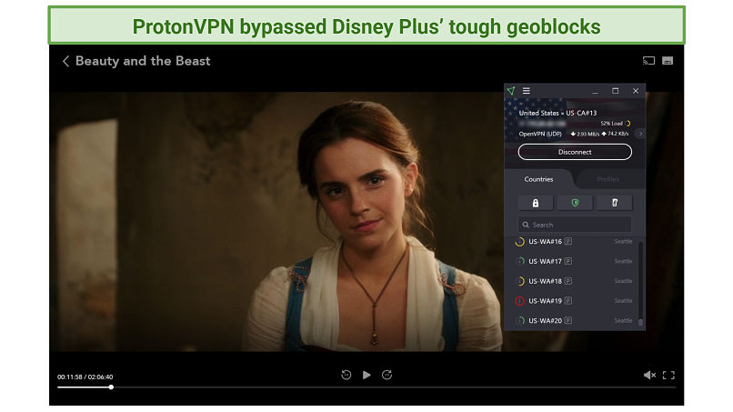 Screenshot of Disney+ player streaming Beauty and the Beast unblocked with ProtonVPN