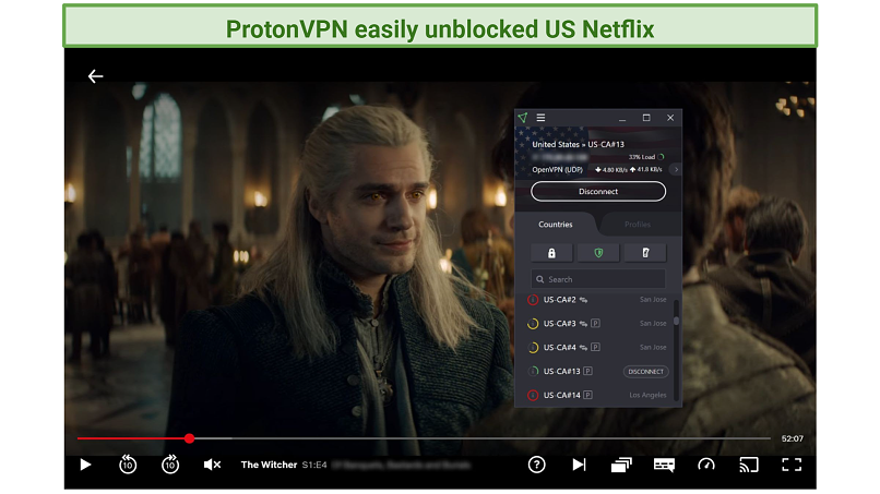 Screenshot Netflix Player streaming The Witcher unblocked by ProtonVPN