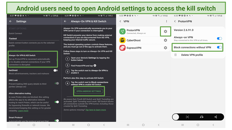 Screenshots of ProtonVPN settings and Android settings needed to turn on kill switch