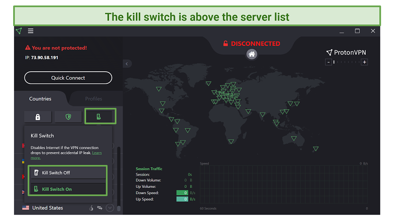 Screenshot of the ProtonVPN UI showing where to find the kill switch